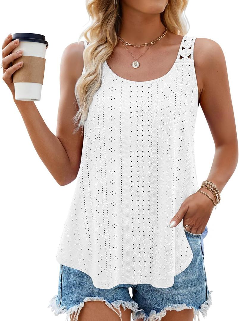 ZESICA Women's Summer Eyelet Tank Tops Loose Trendy Scoop Neck Sleeveless Flowy Beach Vacation Shirts (Medium, White)