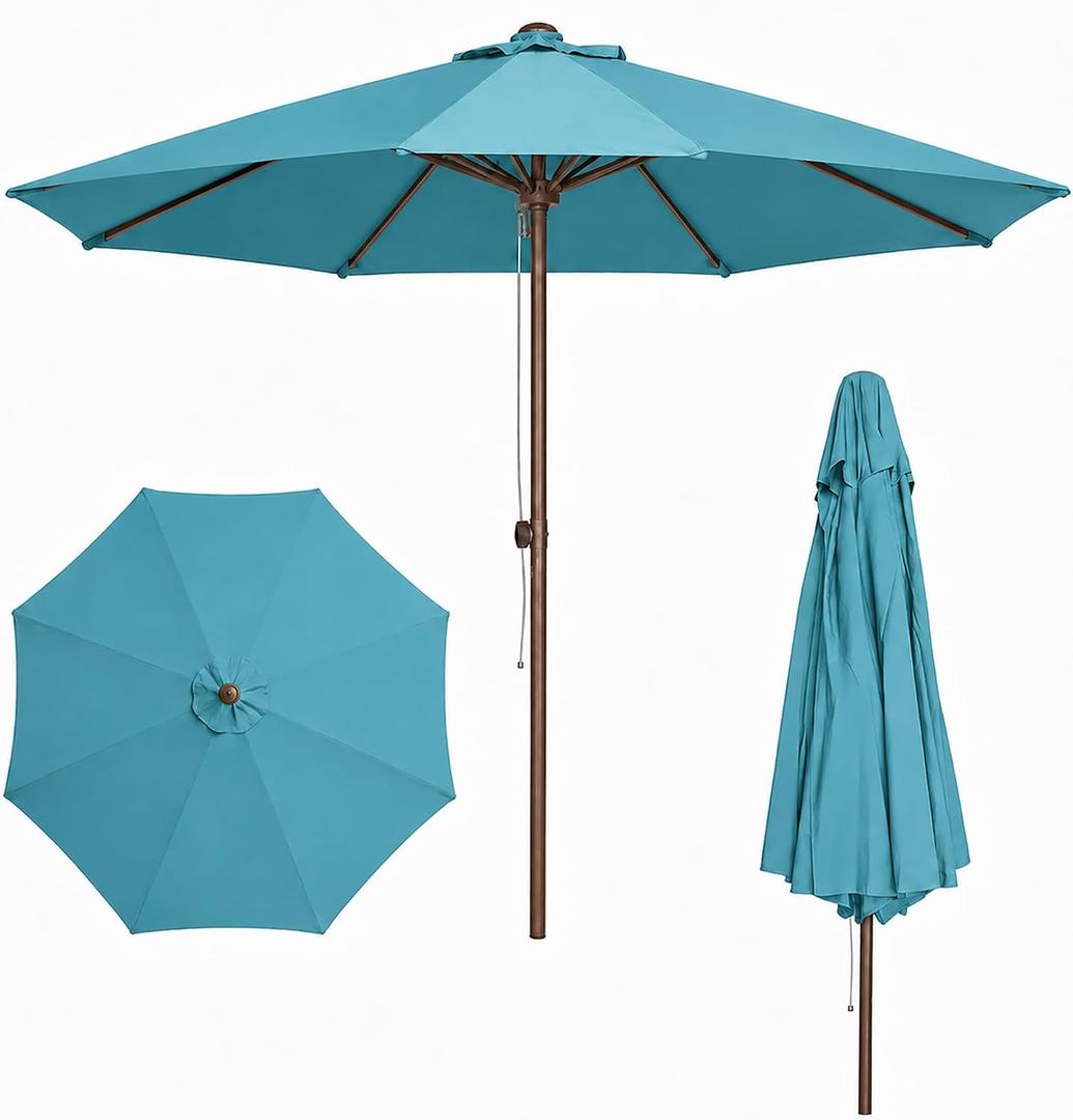 Patio Kingdom 9FT Patio Umbrella, Outdoor Table Umbrella with Rope Pulley Lift, 3 Adjustable Heights, Market Umbrellas for Backyard, Pool and Deck, UPF50+, Light Blue