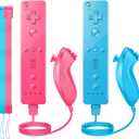 Wii Controller 2 Pack, Wii Remote Controller and Nunchuck Joystick with Silicone Case and Wrist Strap for Holiday (Pink and Blue)