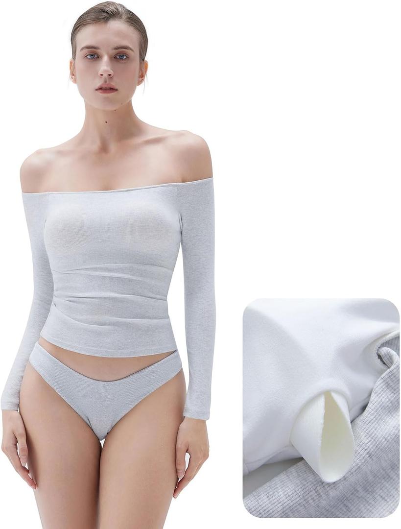 SUUKSESS Women Padded Off The Shoulder Tops Ribbed Long Sleeve Shirts Fall Basic, Small