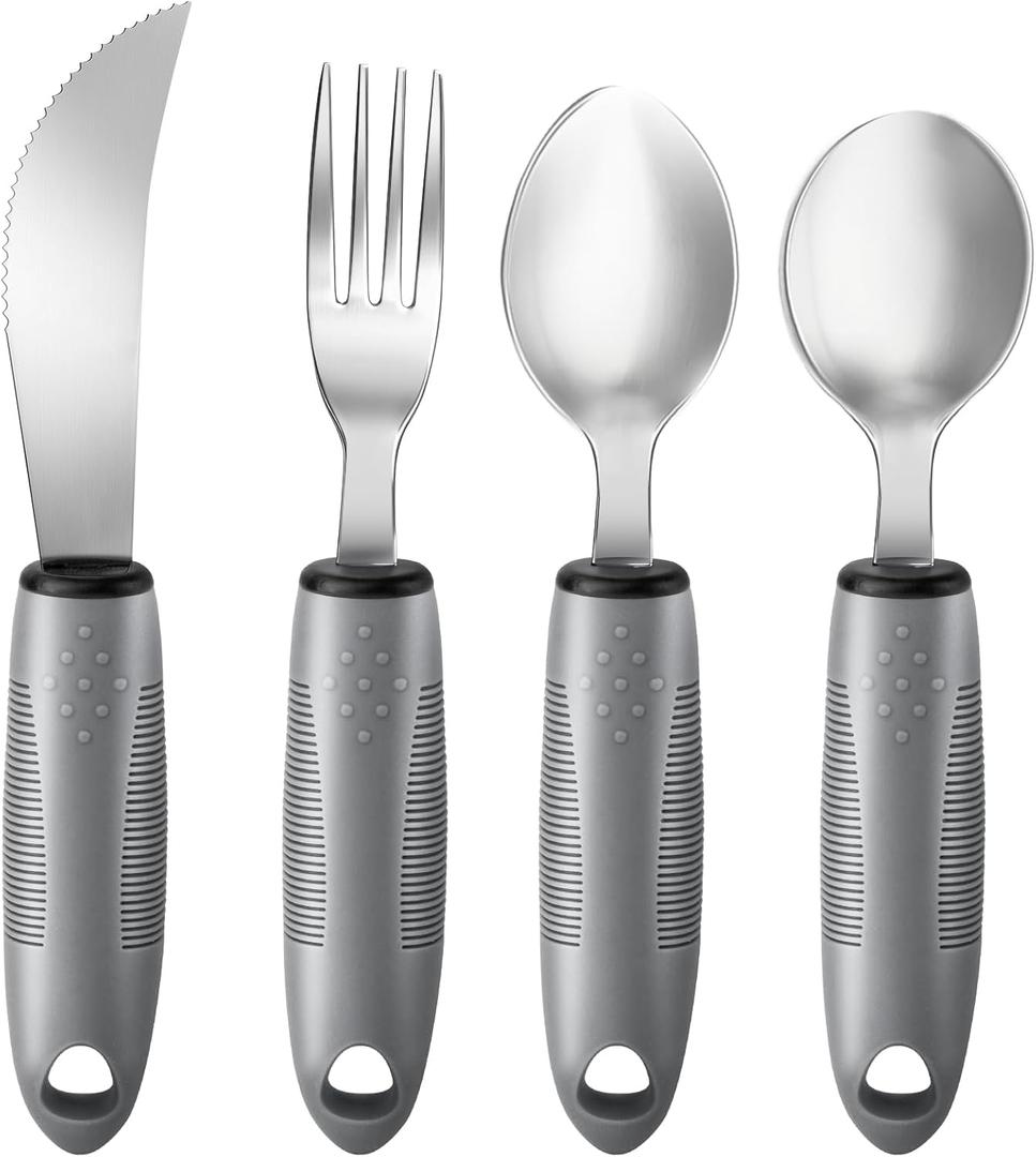 4PCS Weighted Adaptive Utensils, Parkinsons Utensils for Hand Tremors, Elderly, 3.5oz Weighted Utensils for Tremors and Parkinsons Patients, Disabled (Gray, Straight)