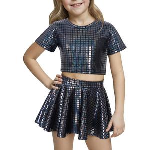 Happy Cherry Kid Girl Shiny Skirt and Top Set 2 Pcs Short Sleeve Metallic Disco Crop Top & Pleated Mini Skirt Set, 12-13