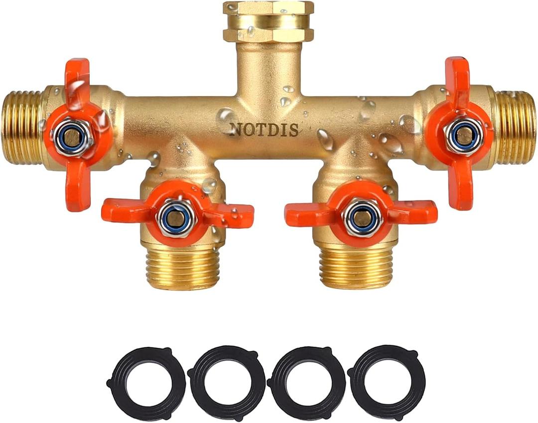 4 Way Brass Hose Splitter Full Flow with Metal Handle - Heavy Duty Spigot Splitter with Shut Off Valve, 3/4" GHT Garden Tap Connector