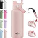 32oz Insulated Water Bottle with 2-in-1 Straw and Spout Lid, 304 Stainless Steel Water Bottle Keep Cold for 24H,Leak-Proof,Sports Water Bottle with Braided Carry Strap for School,Gym,Travel, Pink