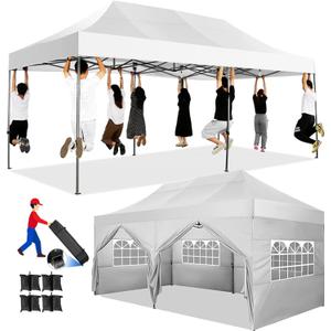 COBIZI 10x20 Heavy Duty Pop Up Canopy Tent with 6 Sidewalls, All Weather Wind Waterproof Outdoor Party Tents for Parties Commercial Wedding Canopy Gazebo with Roller Bag, White
