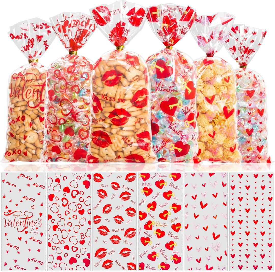 GOMANCHE 120 Pieces Valentine's Day Cellophane Bags, 6 Assorted Styles Valentines Treat Bags, Valentines Goodies Bags with 120 Pieces Gold Twist Ties for Valentines Party Favors Supplies