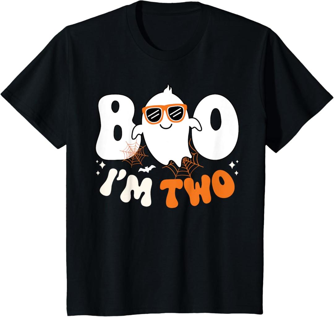 Kids Boo I'm Two Ghost Second 2nd Birthday Boy Groovy Halloween T-Shirt