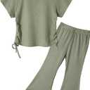 Miipat Toddler Girl Summer Clothes Short Sleeve shirring T-Shirt Flare Pants 2Pcs Baby Bell Bottom Outfits(GrassGreen,6-7Years)