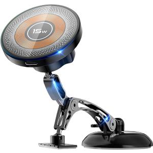 Magnetic for MagSafe Car Mount 15W Wireless Charging, Magnetic Phone Holder for Car with Vacuum, 360°Adjustable Metal Head &Extension Rod, Cell Phone Holders for Your Car for iPhone17/16/15/14/13/12