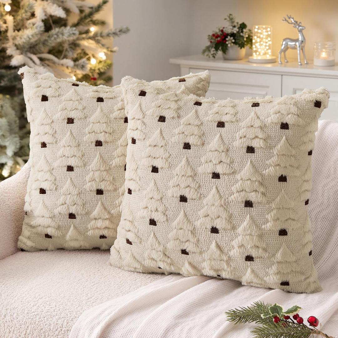 MIULEE Christmas Tree Decorative Pillow Covers Faux Fur Wool Throw Pillows Soft Plush Cushion Covers Set of 2 Xmas Home Decor Winter Holiday for Sofa Couch Livingroom Bed 18x18 Inch Beige