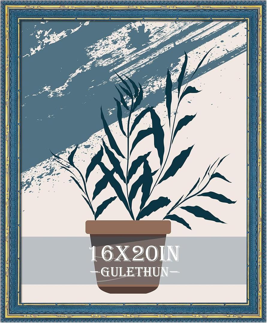 GULETHUN 16x20 Picture Frame Blue Gold - Vintage Photo Frame 16 by 20, Retro Home Decor Wall Hanging Gallery Frames, Sturdy, Plexiglass, Antique Ornate Poster Frame for Vertical & Horizontal Display, 16x20in