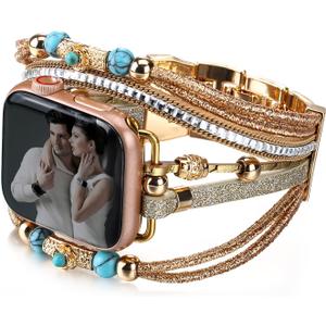 Boho Leather Bracelet Compatible with Apple Watch Bands for Women Men 38mm 40mm 41mm 42mm 44mm 45mm 46mm 49mm - Multilayer Wrap Dressy Apple Watch Strap for Cute Iwatch Band Series 11 10 9 8 7 6 5 4 SE 3 Ultra 3 2 1