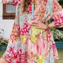 Women's Babydoll Mini Dress Boho Floral 3/4 Bell Sleeve Loose Short Shirt Sundresses Loose Fit Flowy Cover Up (S)