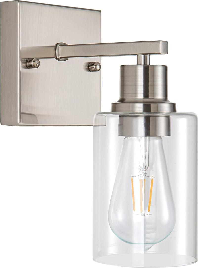 1-Light Bathroom Light Fixtures, Brushed Nickel Vanity Light with Clear Glass Shade, Modern Wall Sconce for Mirror Bedroom Hallway Farmhouse Kitchen