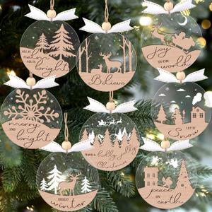 GuassLee 28pcs Winter Christmas Hanging Ornaments for Tree - 3D Wooden Acrylic Christmas Cutouts Reindeer Snowman Snowflake Ornaments for Xmas Tree Gifts Winter Party Supplies (Khaki)