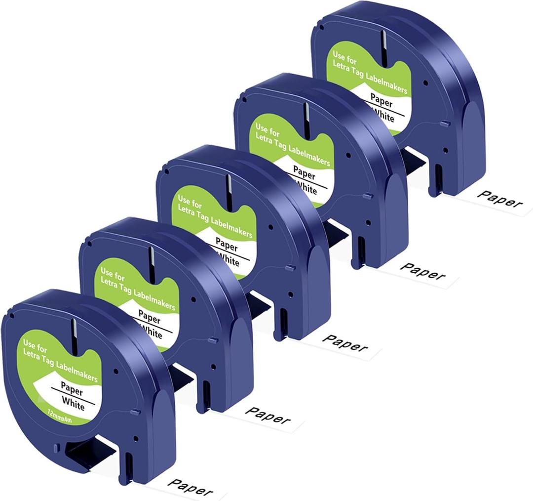 UNOKA Label Tape Replace for Dymo Label Maker Refills Letratag, 1/2" x 13ft(12mm x 4m), White Paper 91330 10697 for Dyno Dynamo Letra Tag LT-100H LT-100T 200B Printer, 5 Pack