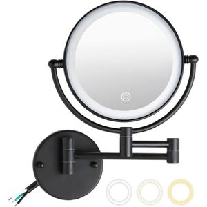 8" Wall Mounted Lighted Makeup Vanity Mirror with 3 Color Lights Stepless Dimming, 1X/10X Magnifying LED 2-Sided Bathroom Touch Sensor Extendable Arm 360 Swivel Shaving Mirror Hardwired, Matte Black