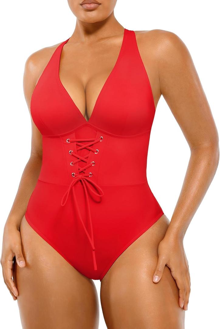 SHAPELLX Women One Piece Swimsuits Tummy Control Bathing Suits Push Up Slimming Swimwear with Built-in Bra V Neck (XX-Large, Red) SHAPELLX Women One Piece Swimsuits Tummy Control Bathing Suits Push Up Slimming Swimwear with Built-in Bra V Neck (XX-Large, Red)