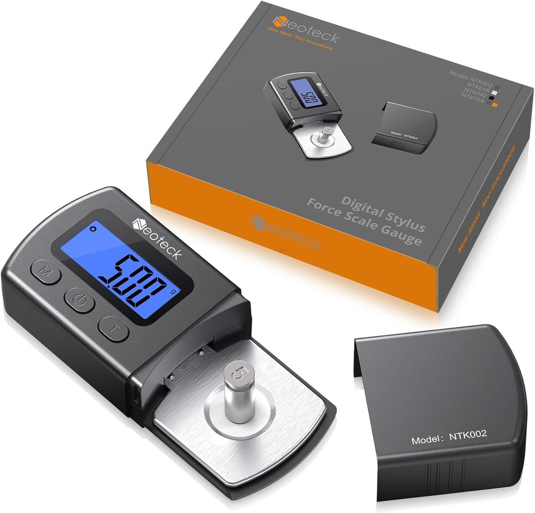 Neoteck Digital Turntable Stylus Force Gauge 0.01g/5.00g with Blue LCD Backlight Turntable Stylus Pressure Gauge with 5g Weight & Leather Case Accurate Tracking for Tonearm Phono Cartridge-Grey