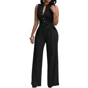 Women's Sexy Button Up Jumpsuits V Neck Sleeveless Wide Leg Long Pants Jumpsuit with Belt Size M