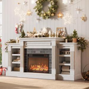 IDEALHOUSE 71 Inch Electric Fireplace with Matal, Fireplace TV Stand for TV Up to 80", Entertainment Center with Storage, Realistic Stacked Stone Surround with Remote Control and 3D Flame, White