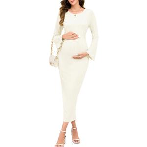 Maternity Dress Ribbed Knit Long Sleeve Round Neck Bodycon Mid Pregnancy Dresses Casual Baby Shower Bell Sleeve (Small, Off-white)