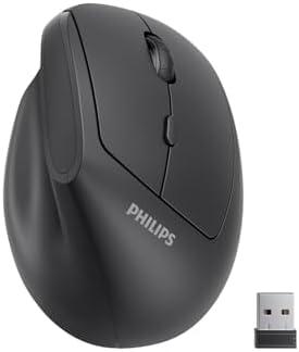 Philips Ergonomic Mouse - Vertical Mouse with 800/1200/1600 Adjustable DPI, 6 Silent Buttons Design for S/M Hands, Auto Power Saving, Light Weight, 2.4GHz Wireless Mouse for Laptop, Desktop, PC-Black