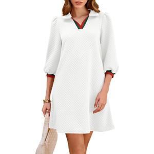 Wenrine Womens 3/4 Sleeve Mini Dress Casual V Neck Collared Textured Loose Fall A Line Argyle Dresses with Pockets (White)