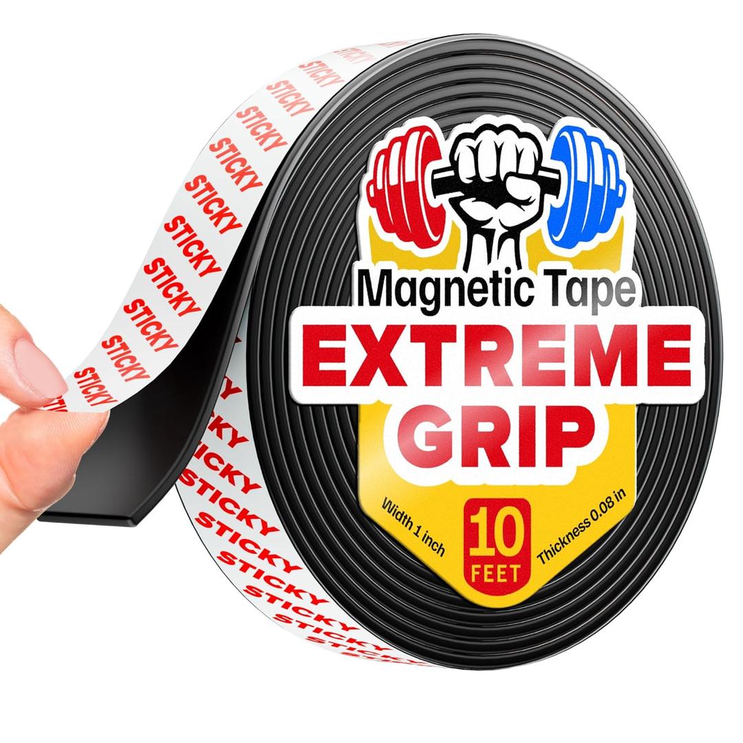 Super Sticky Magnetic Tape (10 feet x 1 inch) - Stong Magnet Strip with Adhesive Backing for DIY & Crafts - Easy to Cut and Mount on Fridges, Whiteboards & More