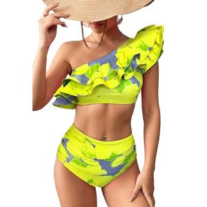 SPORLIKE Women High Waisted Swimsuit Flounce One Shoulder Bikini Padded Bathing Suit(Yellow Print,Medium) Without Bikini