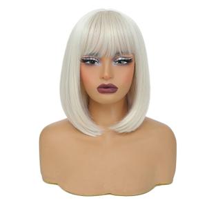 Bob Platinum Blonde Wig for Women Short Straight Blonde Wigs with Bangs Natural Fashion Synthetic Wigs for Daily Cosplay Colorful Costume Wig Use 12 Inch