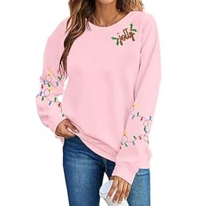 UNIQUEONE Christmas Sweatshirt Women Christmas Xmas Sweater Merry and Bright Long Sleeve Shirts Holiday Pullover Tops  (Small, pink)