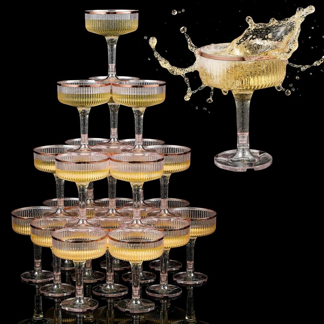 Set of 24 Champagne Tower 7 oz Plastic Champagne Coupe Glasses Set Stackable Plastic Ribbed Martini Glasses Unbreakable Acrylic Cocktail Coupe Cups for Wedding Birthday (Glitter,Pink)