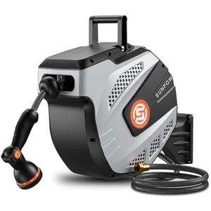 SUNPOW Retractable Garden Hose Reel - 1/2 inch x 50ft Wall Mounted Hose Reel with 3/4 inch Brass Fitting & 10 Function Sprayer Nozzle - Any Length Lock, Auto Rewind System, 180°Swivel Bracket - Grey