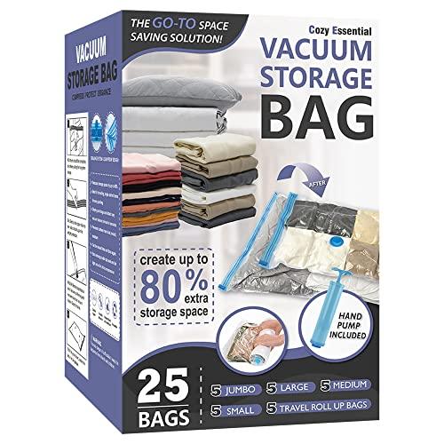 Cozy Essential Vacuum Storage Bags, Compression Space Saver Bags for Clothes, Comforters, Blankets, Pillow, Bedding, Sealer Clothing Storage,25 Combo