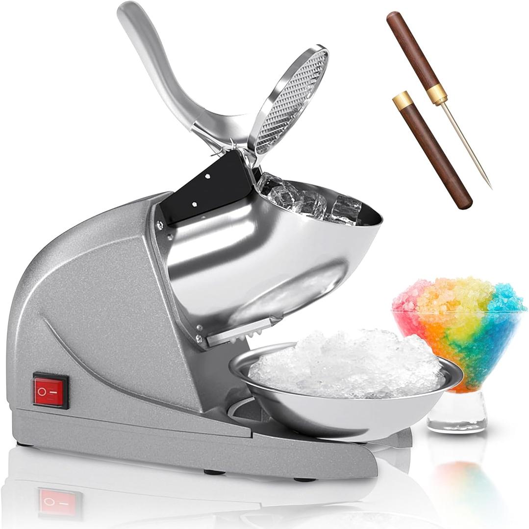 Shaved Ice Machine, Electric 3 Blade Snow Cone Machines, 380W Ice Crusher Machine, 286 lb/hr Ice Crusher, Ice Shaving Machine for Home and Commercial (Silver)