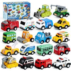 JOYIN 18 Pcs Pull Back City Cars and Trucks Toy Vehicles Set, Friction Powered Cars Toys for Toddlers, Boys, Girls Educational Play, Kids Stocking Stuffers, Easter Basket Stuffers