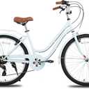 HILAND 26 in Women's Hybrid Bike for Adult, 7 Speed Step Through Hi-Ten Steel Frame City Commuter Beach Cruiser Bike, Hybrid Bicycle
