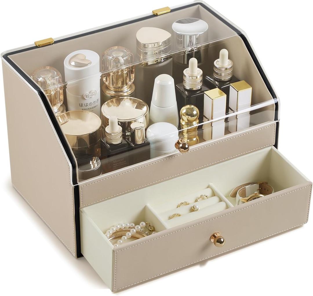 Leather Makeup Organizer & Skincare Storage Rack - Cosmetic Display Case with Dustproof Transparent Cover, Drawer Jewelry Storage, for Bedroom Vanity, Perfume & Lipstick Organizer (Beige)