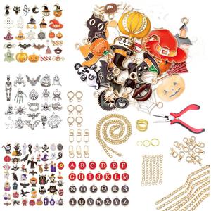 215Pcs Keychain Making Kit with 124 Charms 22 Keychain Clips, Extender Chains and Piler, Halloween Ghost Bat Witch Hat Charms for DIY Crafts Supplies & Jewelry Making Women Bag Party Favor Gifts