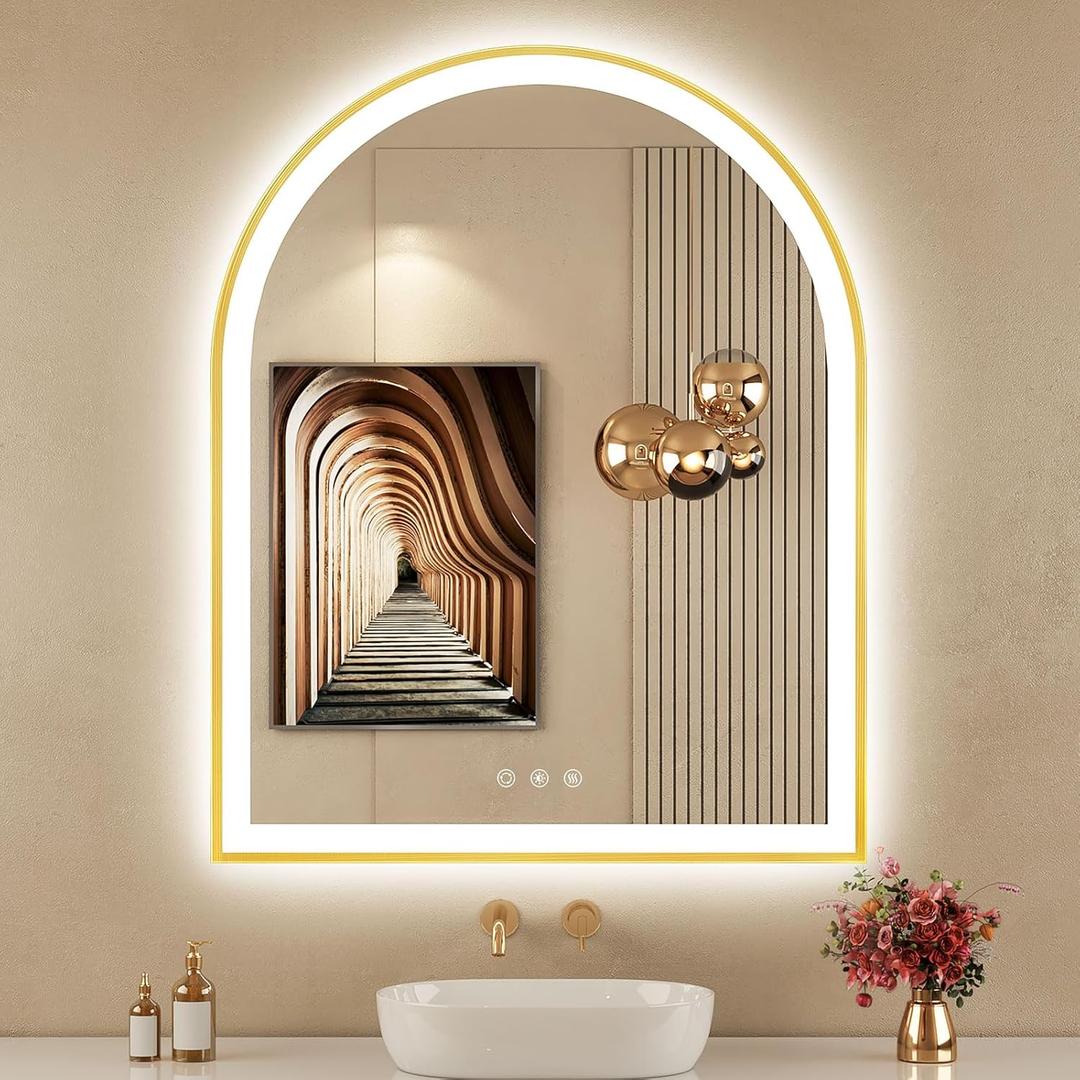 30"x36" Arched LED Mirror for Bathroom, Brushed Gold Lighted Bathroom Mirror with Lights, Fogless, Dimmable, Shatterproof, Touch Sensor, 3 Color Changing
