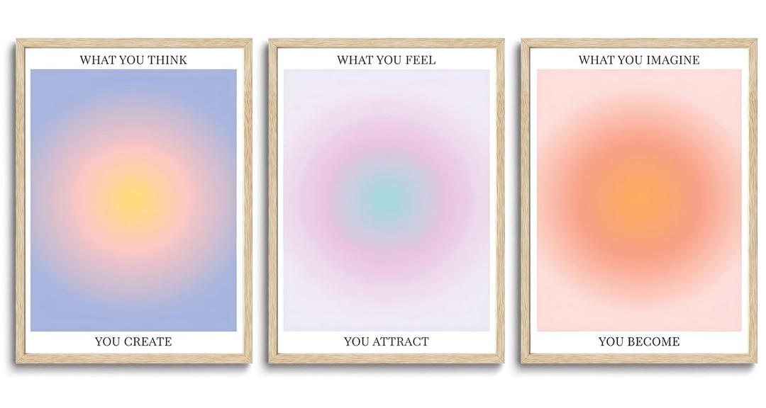 KISSFOX 3 Piece OAK Wood Framed Wall Art Pink Orange Blue Wall Decor Aura Canvas Art What You Think Feel Imagine Pictures Trendy Aesthetic Preppy Paintings For Apartment Dorm Women Girls Bedroom