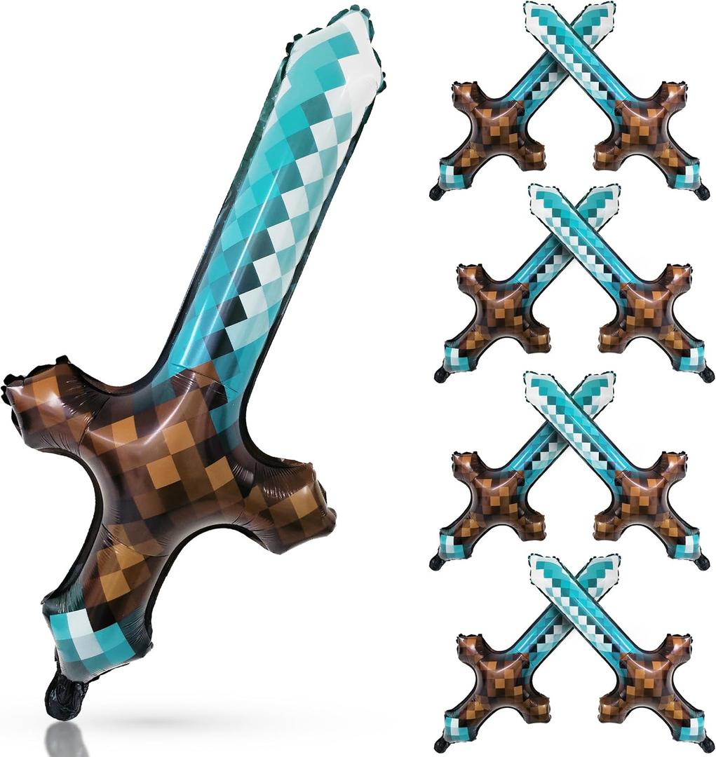 Cheerland Pixel Balloons Inflatable Sword Birthday Party Decorations Cosplay Theme Pixel Miner Mylar Foil Balloon Gaming Party Favors Baby Shower Kids Retro Gaming Bday Decor Event Supplies(Pack Of 8)