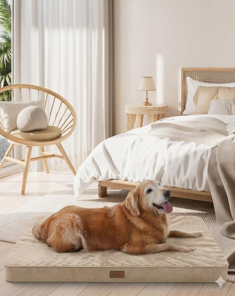 OhGeni 35 Inch Orthopedic Waterproof & Machine Washable Dog Bed for Medium Large Pets, 20D Egg Crate Foam Stable Support, Non-Slip Bottom and Removable Cover, Tear-Resistant Invisible Zipper (Beige)
