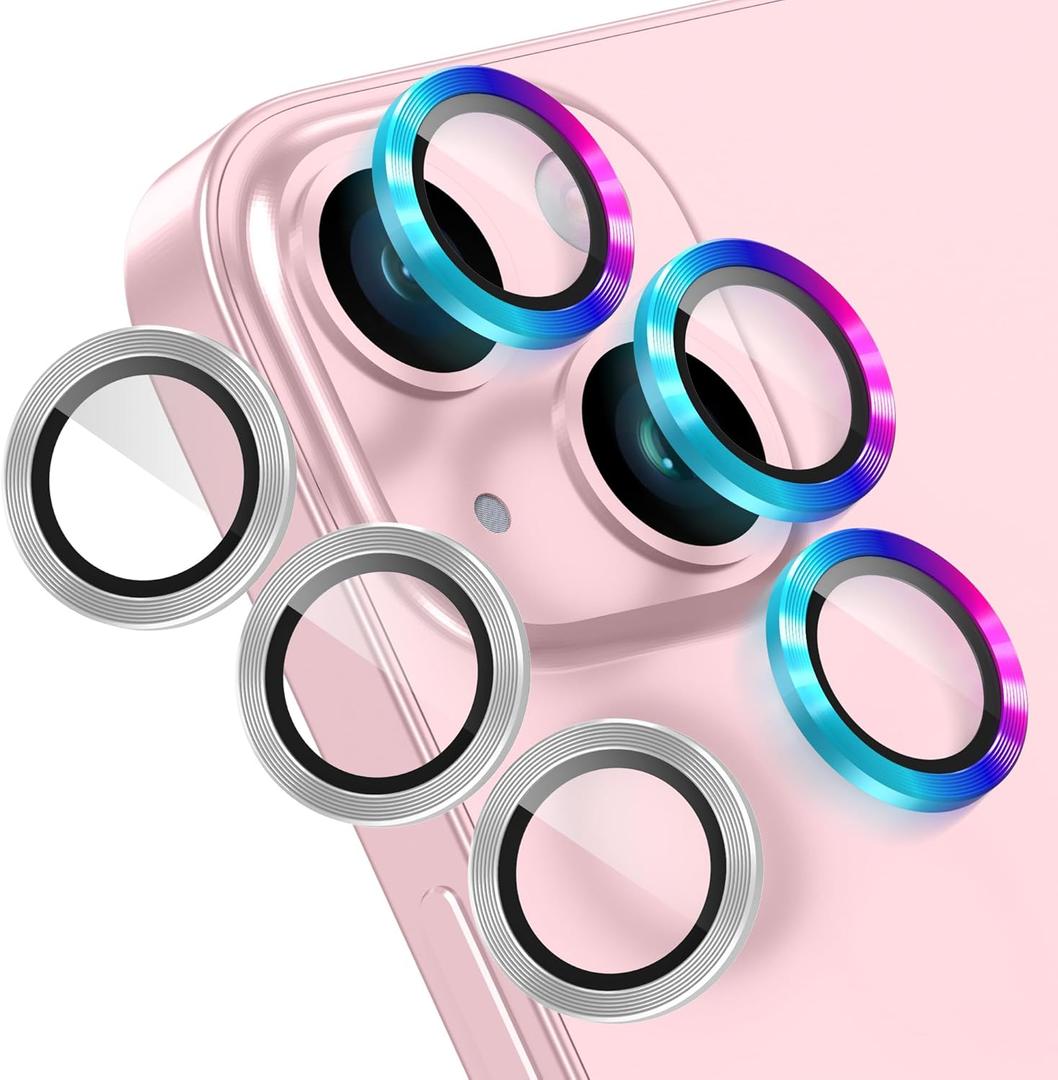 2 x AGVEE 3+3 6 Pack for iPhone 15 6.1" / 15 Plus 6.7" Camera Lens Cover Protector, Metal Ring 9H Tempered HD Glass Camera Cover Protector Film, Silver