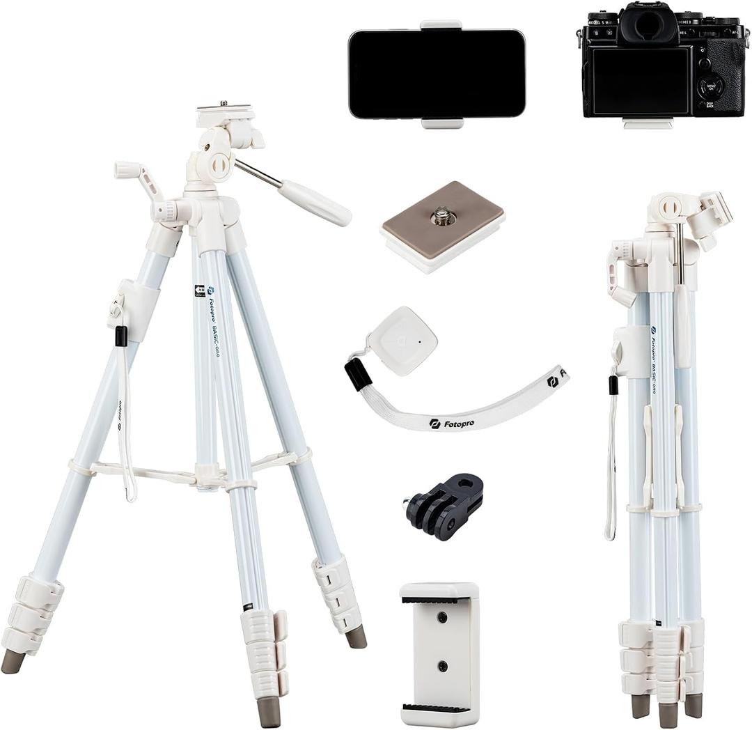 Fotopro 60" White Camera Tripod for iPhone with Remote Lightweight Aluminum Phone Tripod with 3-Way Pan Head, Adjustable Phone Mount & Carry Bag Portable Travel Tripod for Canon, GoPro, Vlogging