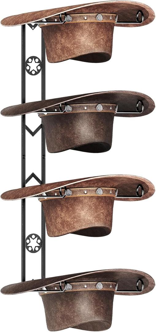 4 Pieces Cowboy Hat Organizer Hangers for Wall, Western Hat Rack Wall Mounted with Decorative Star, Metal Cowboy Hat Holder for Western, Cowboy, Beach, Fedora, Sun Hats (1 Pack)