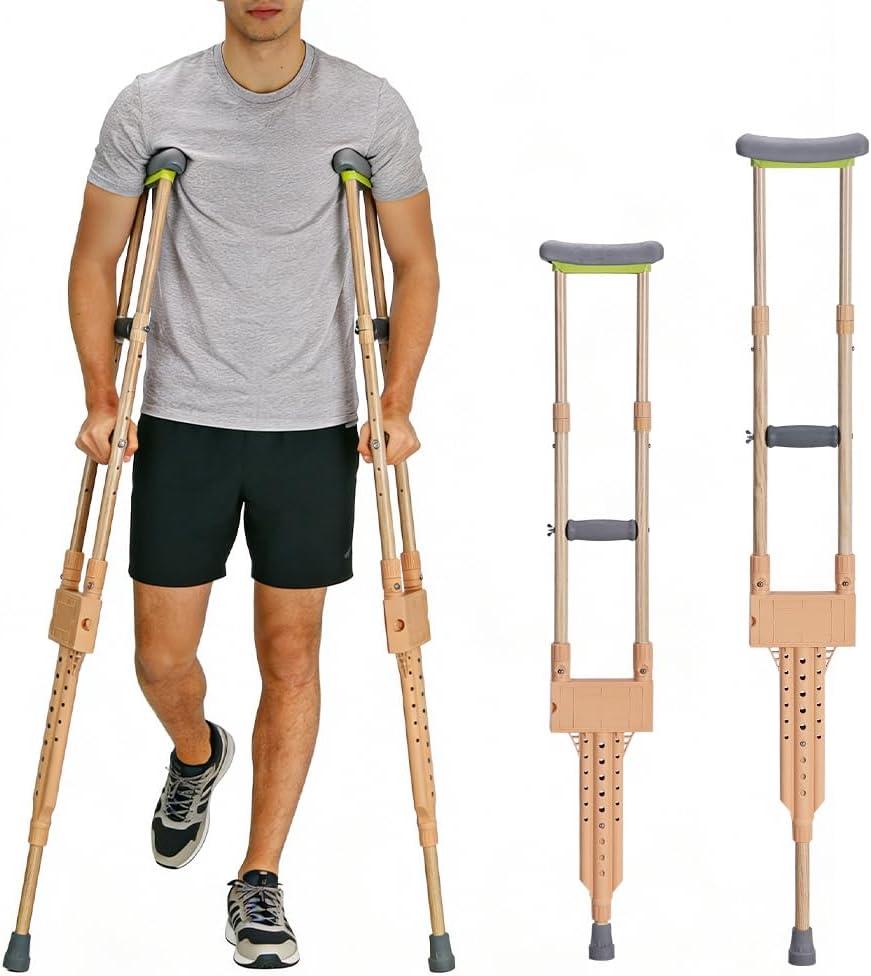 Lightweight Aluminum Wood Grain Cane Crutches for Adults & Elderly (5.92ft-6.75ft Height Fit) Adjustable, Built-in Storage, 250lb Capacity, Mobility Aid for Walking Support