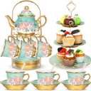 21 Pcs Ceramic Teapot Set Vintage Porcelain Tea Cups with Metal Holder and High Tier Cupcake Stand Saucers for Women Girls Farmhouse European Weddings Party Decor Gifts(Green,Summer)