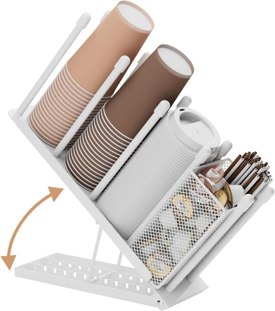 OVICAR Cup and Lid Holder - Adjustable Coffee Cup Holder Organizer 4 Compartment Disposable Paper Plastic Cup Dispenser with Straw Storage Basket for Coffee Bar Station Breakroom Countertop White